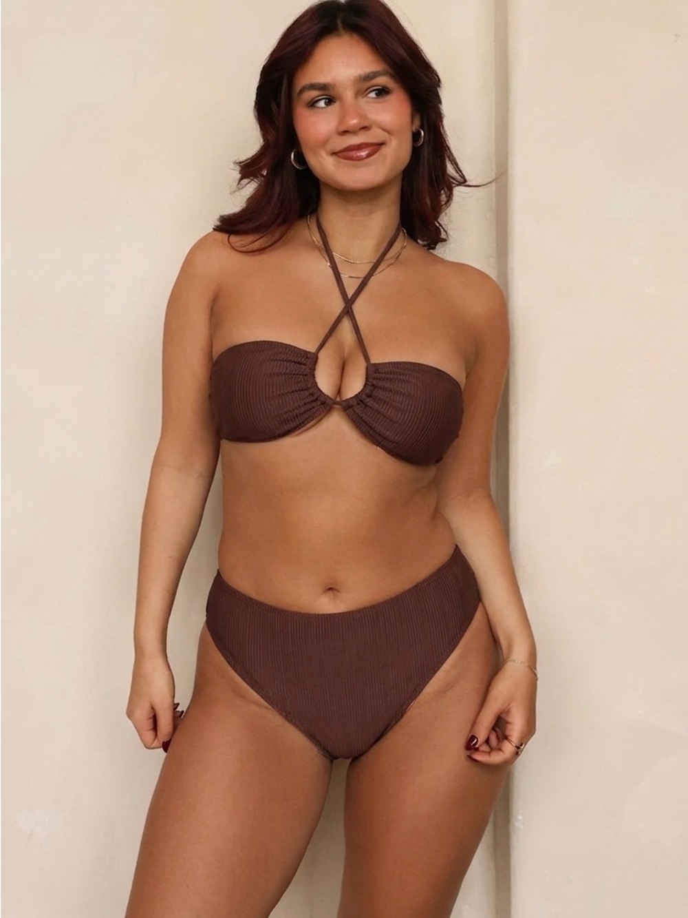 Dippin' Daisy's Seashore Brown Ribbed Crisscross Bandeau Bikini Set Large